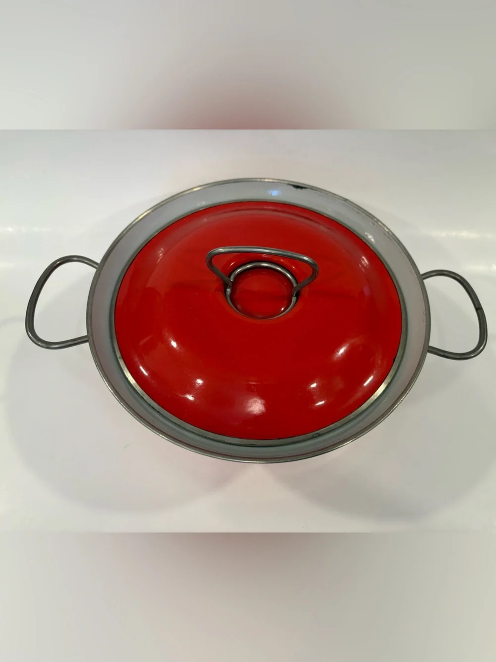 Midcentury Modern MES Red Enamel Covered Casserole Pot German Made